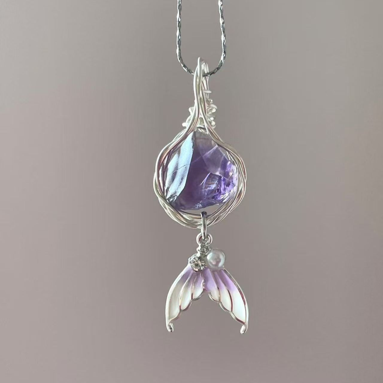 Handmade Wrap Pendant Mermaid Tear Natural Crystal Necklace