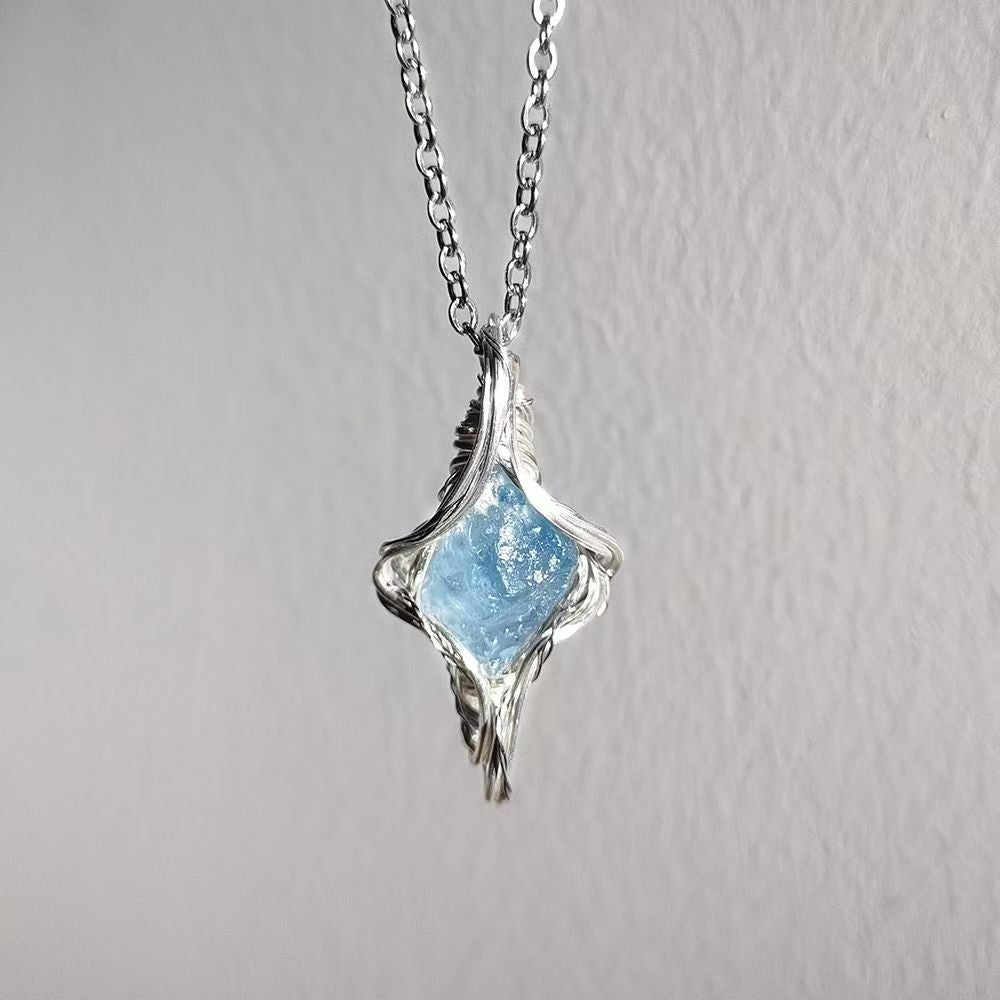 Natural Aquamarine Handmade Wrap Pendant Necklace