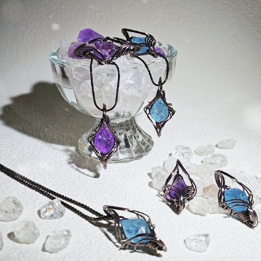 Natural Amethyst Stone Wrap Pendant Aquamarine Necklace