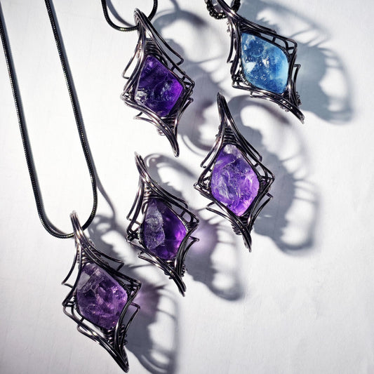 Natural Amethyst Stone Wrap Pendant Aquamarine Necklace